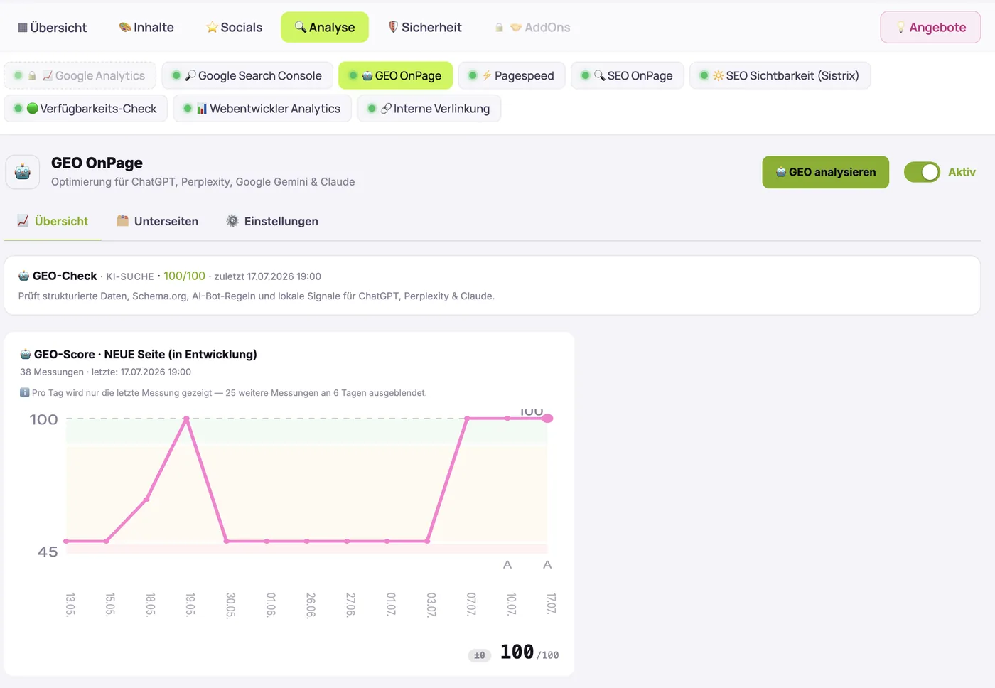 GEO-OnPage-Dashboard von webentwickler.io: GEO-Check 100/100 für die KI-Suche und der GEO-Score im Zeitverlauf, gestiegen auf 100 von 100