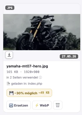 Medien-Widget von webentwickler.io: ein 165 KB großes JPG mit dem Hinweis −30 % möglich (~49 KB) und einem WebP-Button zum Konvertieren auf Knopfdruck