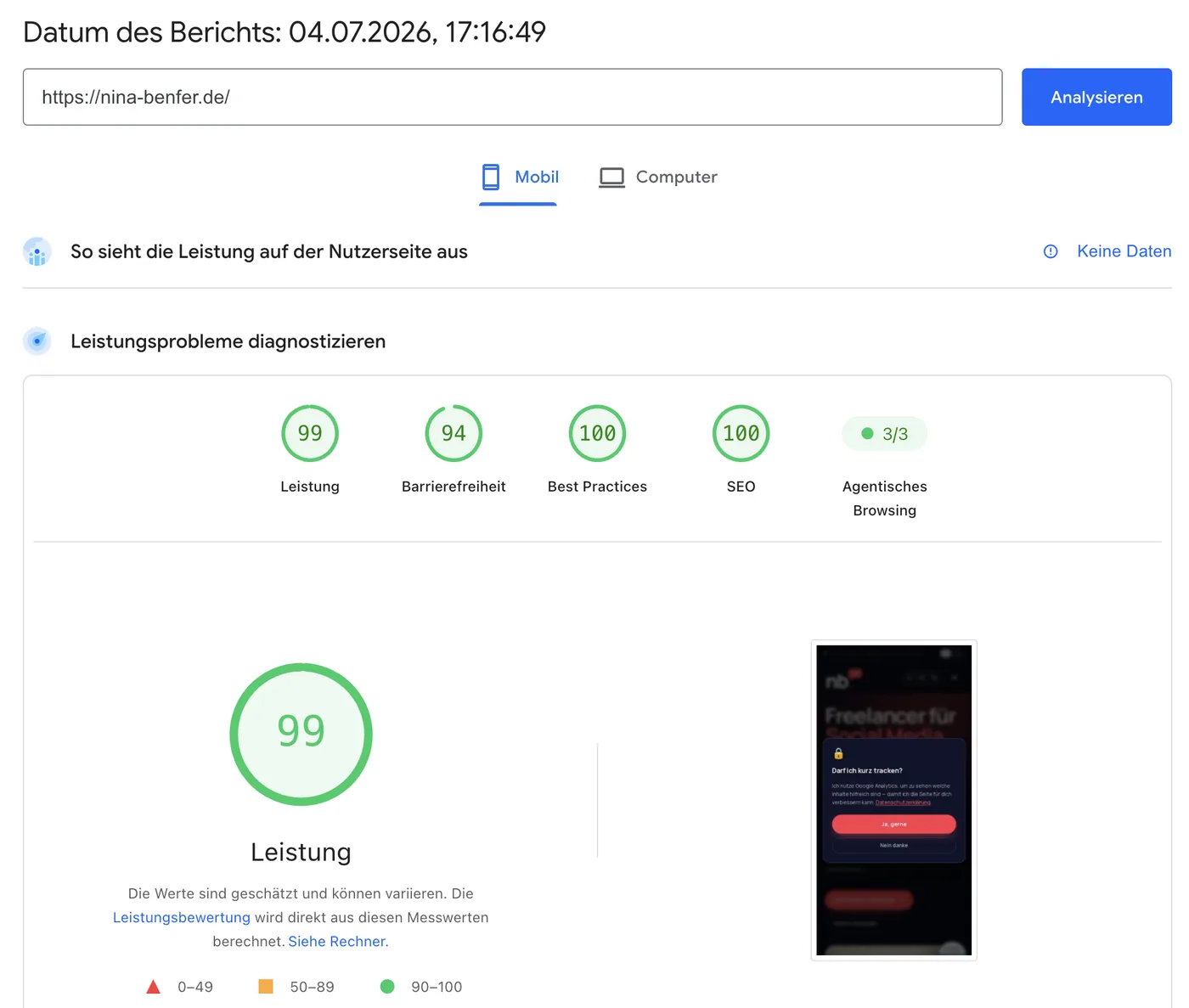 PageSpeed Insights zeigt für nina-benfer.de die neue Kategorie Agentisches Browsing mit 3 von 3 bestandenen Prüfungen