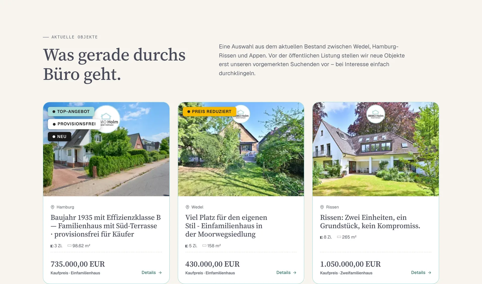 Objektübersicht auf immo-holm.de, gespeist aus der Maklersoftware onOffice