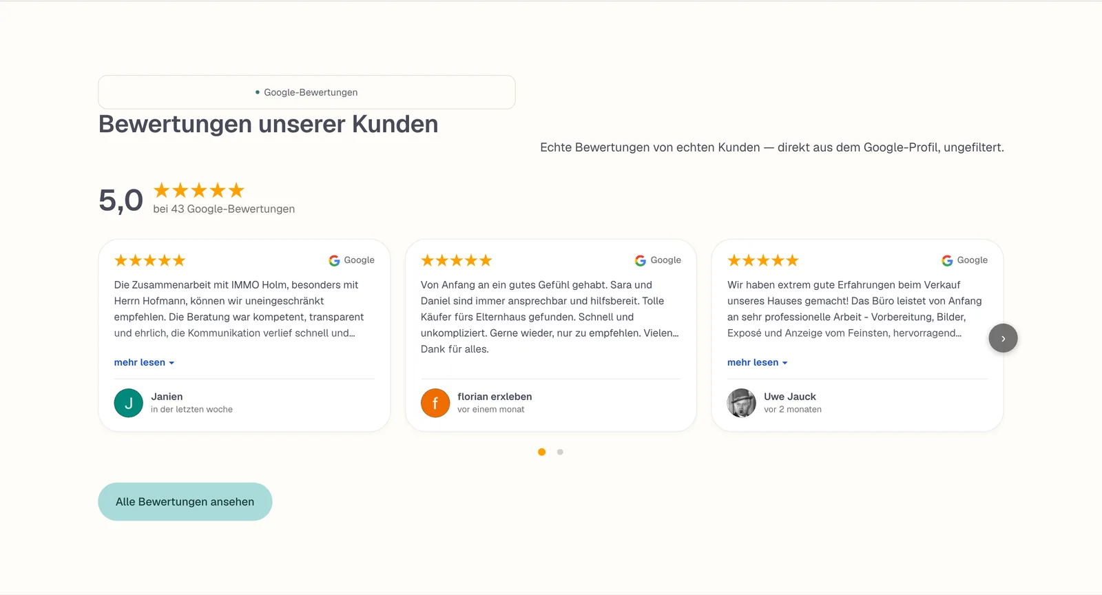 Google-Bewertungen auf immo-holm.de mit Gesamtnote 5,0 aus 43 Bewertungen